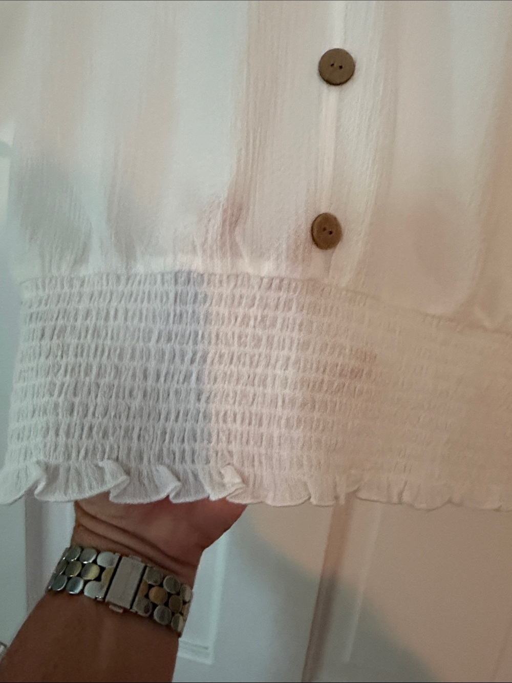 White Button-Front V-Neck Blouse with Smocked Hem. NWT - Picture 5 of 6
